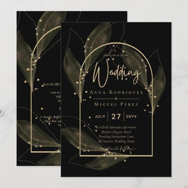 LeahG Black Dourado deixa Convite de casamento mod (Frente/Verso)