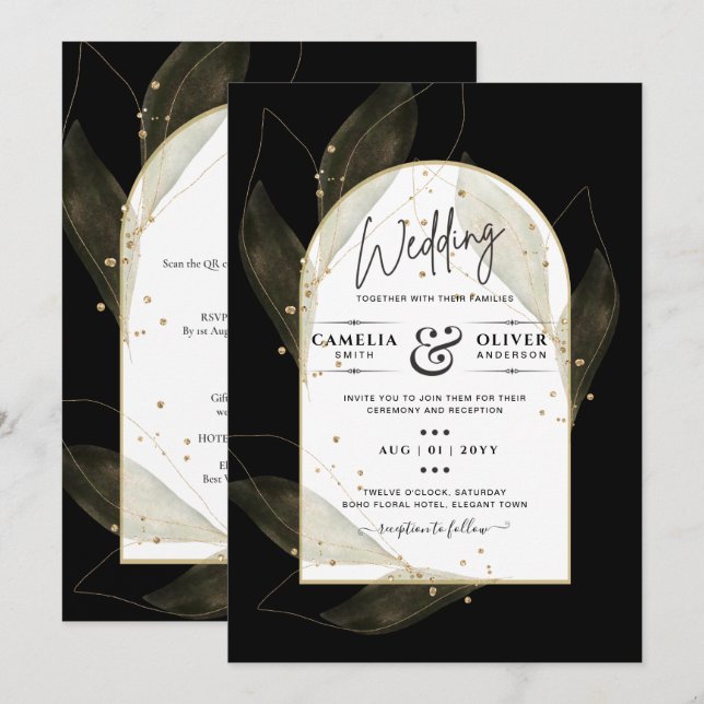 LeahG Black Dourado deixa Convite de casamento mod (Frente/Verso)