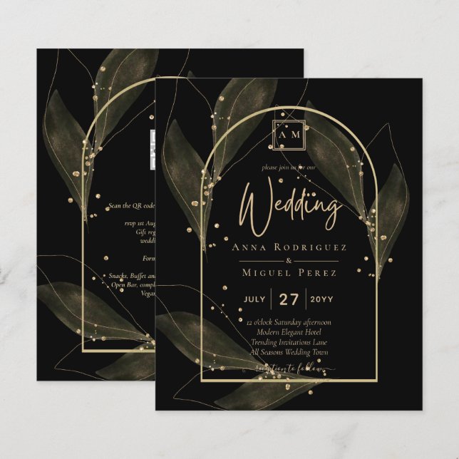 LeahG Black Dourado deixa Convite de casamento mod (Frente/Verso)