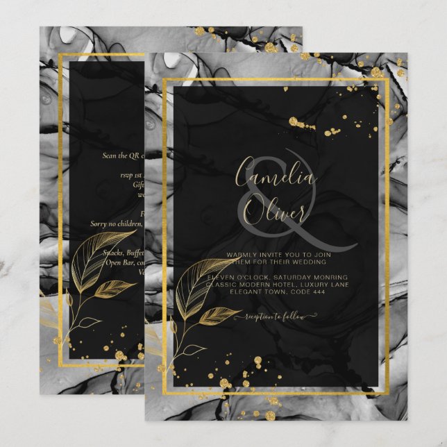 LeahG® Convite de Casamento com Tinta Alcoólica Bl (Frente/Verso)