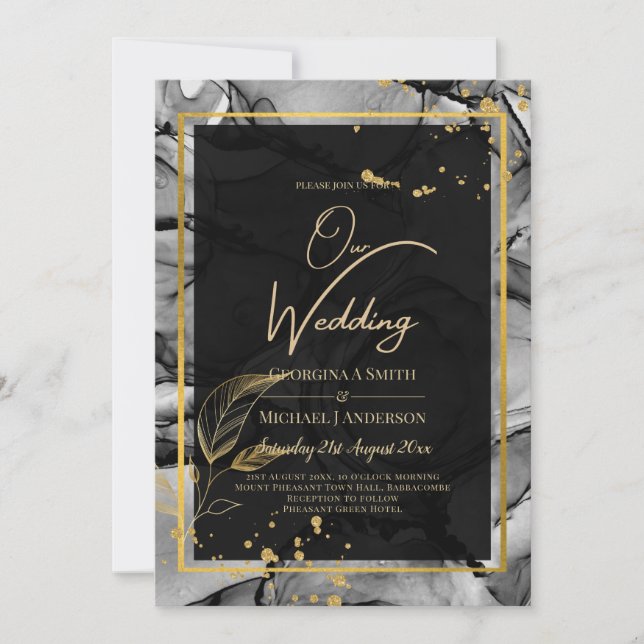 LeahG® Convite de Casamento com Tinta Alcoólica Bl (Frente)
