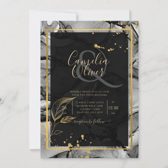 LeahG® Convite de Casamento com Tinta Alcoólica Bl (Frente)