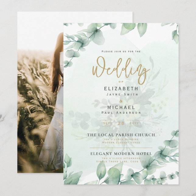 LeahG Greenery Dourado Convite de casamento FOTO (Frente/Verso)