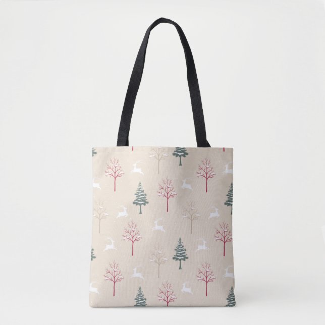 Leaping Deer & Snowy Trees Christmas Tote Bag (Frente)