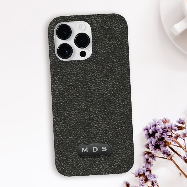 Leather Negra Negra De Elegante, Olhada Monograma (A classic and timeless black faux leather look phone case with space for your initials)