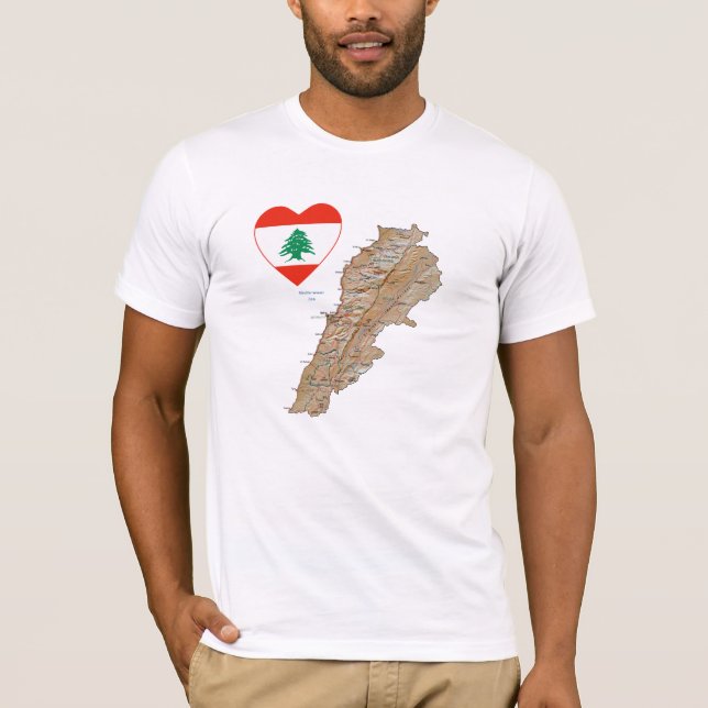 Lebanon Flag Heart and Map T-Shirt (Frente)
