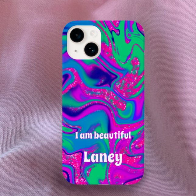 Legal, personalizado, Groovy rosa, cor-de-rosa (Custom name inspirational quote groovy pink blue vibrant swirl phone case. Cool unique girly glitter)