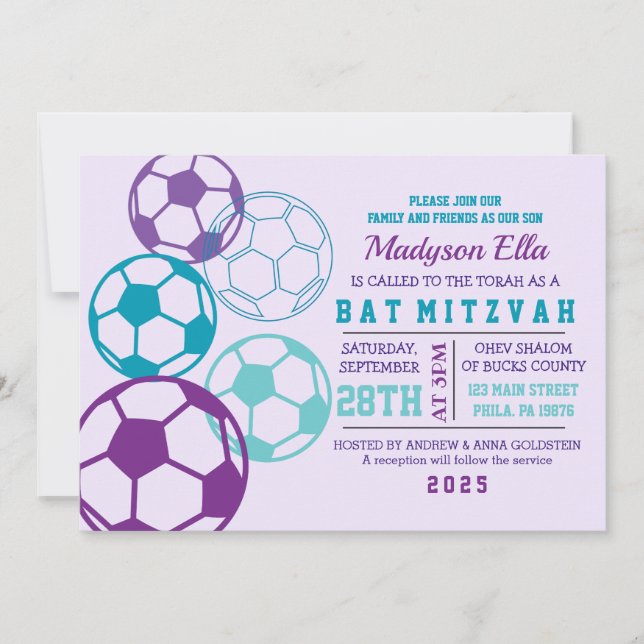 LEGAL SOCCER Aqua Purple Bat Mitzvah Convite (Frente)
