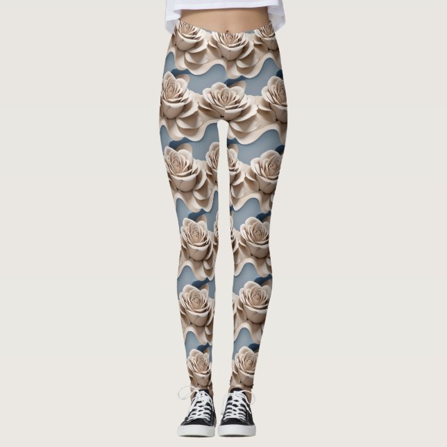 Legging 3d Rendered Roses In Shades Of Blue And White (Frente)