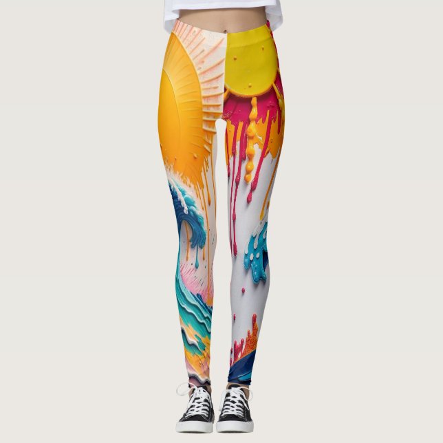 Legging 3D Textured Tropical Wave & Sun Abstract Impasto (Frente)