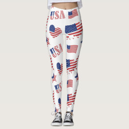Legging 4 de julho EUA Flag Heart Red Blue White