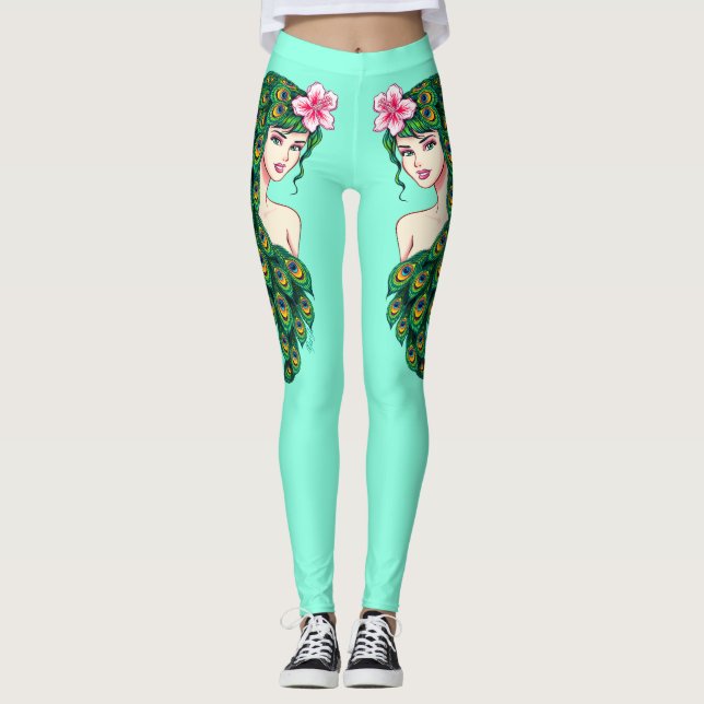 Legging A ioga de Athleisure da cerceta da menina do pavão (Frente)