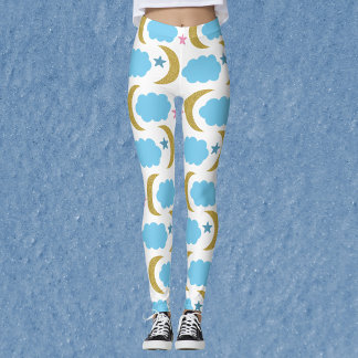 Legging A Nuvem da Lua Stars Faux Dourado Padrão de Litera