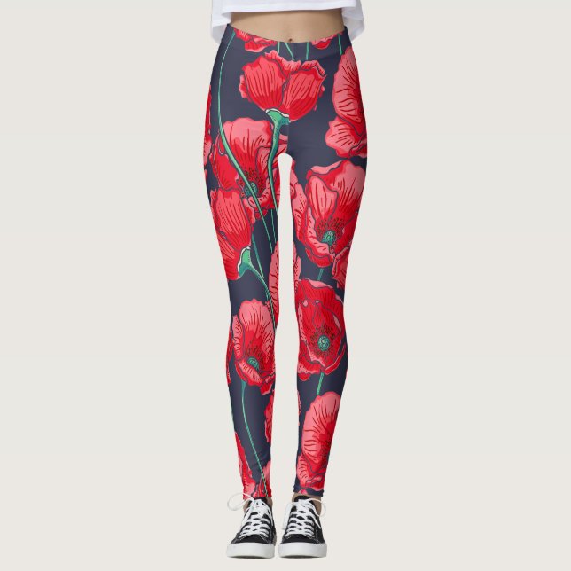 Legging A papoila vermelha chique floresce o teste padrão (Frente)