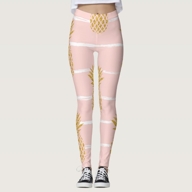 Legging Abacaxi Dourado, fundo de verão em Striped. (Frente)
