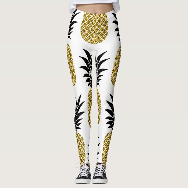 Legging Abacaxis Dourados: Branco Desenhado À Mão Sem Cost (Frente)