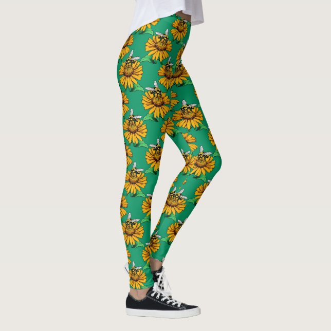 Legging Abeha no Design de Padrão de Flor de Girassol Verd (Direita)