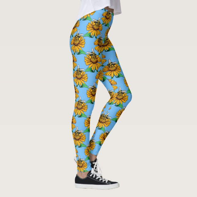 Legging Abeja no Design de Padrão de Flor de Girassol Azul (Direita)