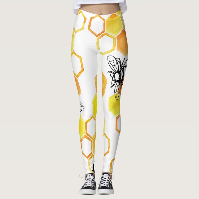 Legging Abelhas de Mel: Padrão Amarelo de Aquarela (Frente)