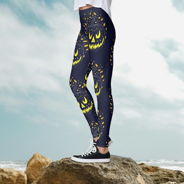 Legging Abóbora de Halloween Cool Black Yellow Jack O Lant (Criador carregado)