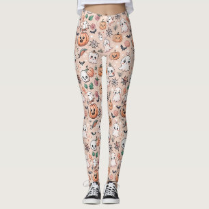 Legging Abóbora Fantasma Kawaii Laranja Padrão Halloween