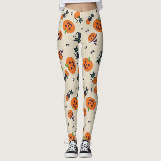 Legging Abóboras de Halloween Fofas e Padrão de Gatos Pret