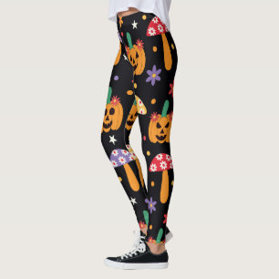 Legging Abóboras de Halloween Groovy flores e cogumelos 