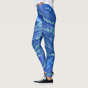 Legging Abstração Acrílica de Mármore Azul e Branco
