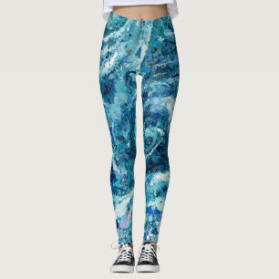Legging Abstração das Ondas do Mar Branco Azul