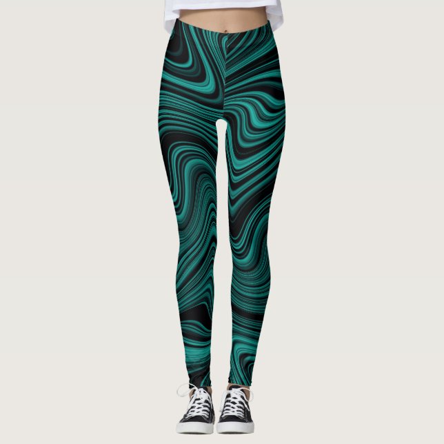 Legging Abstração de Wavy Preto e Esmeralda (Frente)