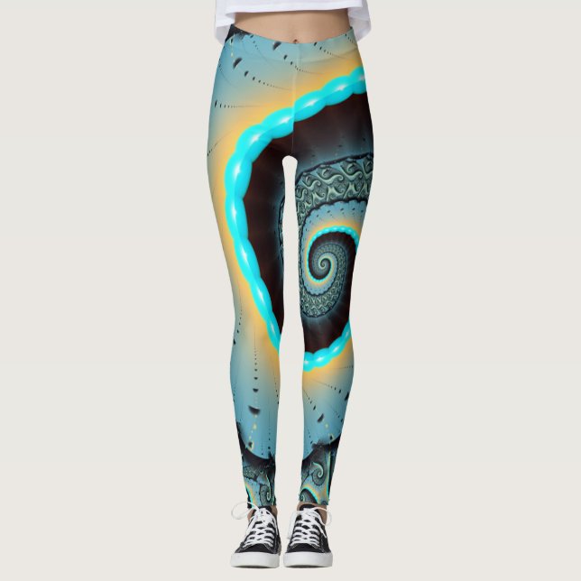 Legging Abstract Blue Turquoise Orange Fractal Art Spiral (Frente)