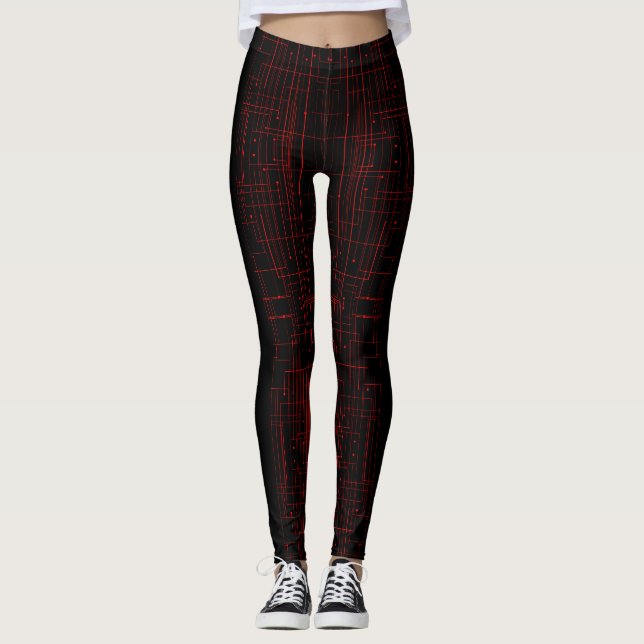 Legging Abstract Cyber Pattern | Black & Crimson Circuit  (Frente)