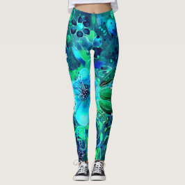 Legging Abstract Floral Teal Blue Green Personalized