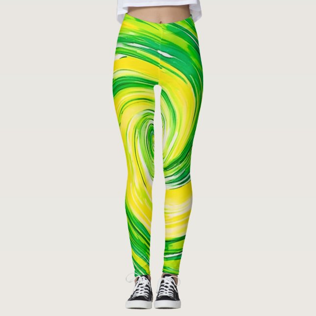 Legging Abstract Green Yellow Spiral Art (Frente)