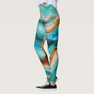 Legging Abstract Swirling Teal and Orange Glossy Fluid