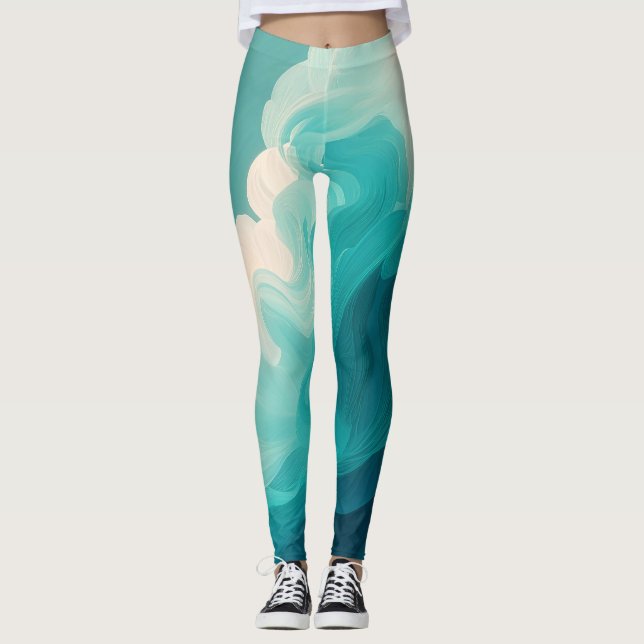 Legging Abstract Teal and White Flowing Waves (Frente)