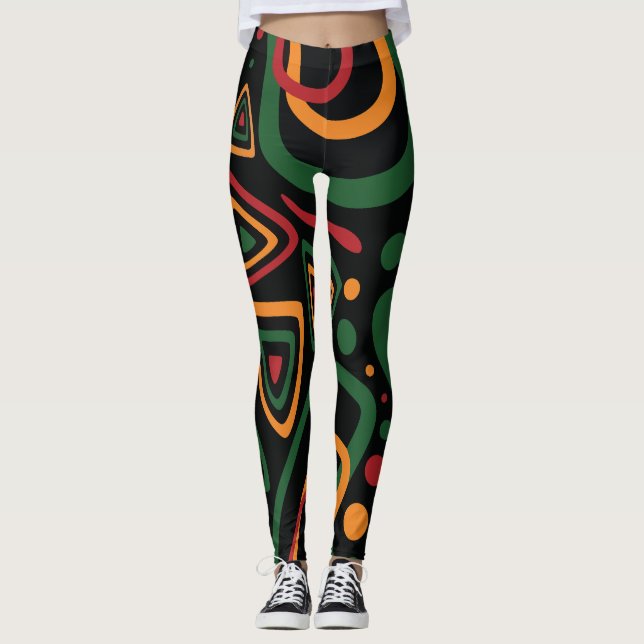 Legging Abstract Tribal Shapes Pattern in Red, Gold, Green (Frente)