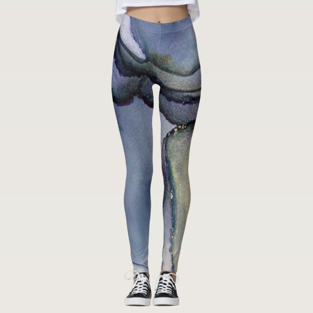 Legging Abstrato Álcool Ink Shimmery Azul e Dourado (Frente)