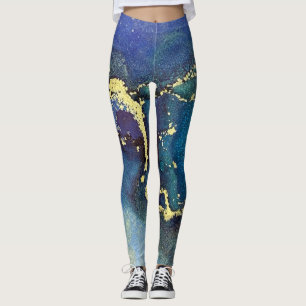 Legging Abstrato Alcool Tinta Azul Azul Aqua Dourada Roxo