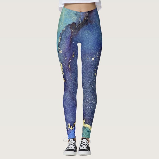 Legging Abstrato Álcool Tinta Azul Rico Azul Água Dourada (Frente)