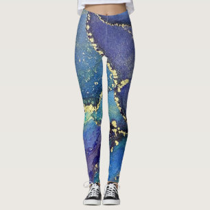 Legging Abstrato Álcool Tinta Azul Rico Azul Água Dourada