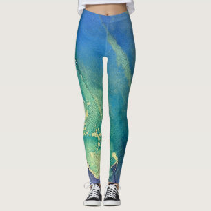 Legging Abstrato Álcool Tinta Verde Púrpura Azul e Dourado