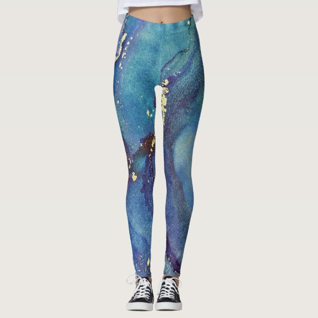 Legging Abstrato Álcool Tinta Verde Púrpura Azul e Dourado (Frente)