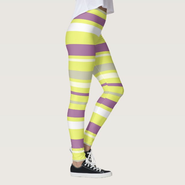 Legging Abstrato Art Cinzas Roxas Amarelas Stripes Brancas (Direita)
