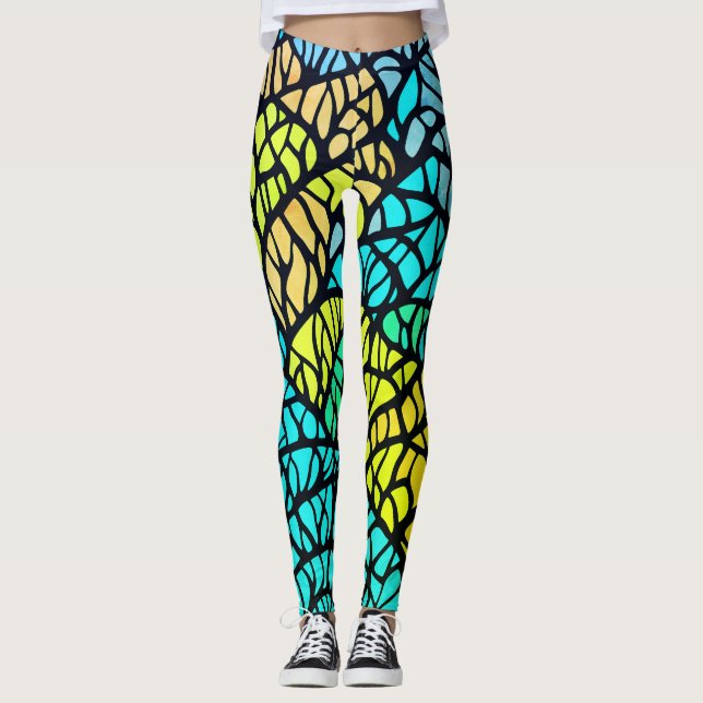 Legging Abstrato Azul, Amarelo-Amarelo - Vidro Arrado (Frente)