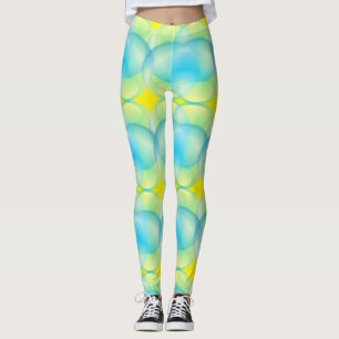 Legging Abstrato Azul Círculos Amarelos Padrão de Bolhas d