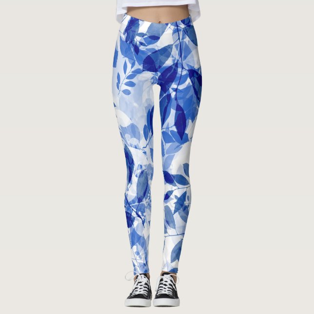 Legging Abstrato Azul e Folhas Brancas (Frente)