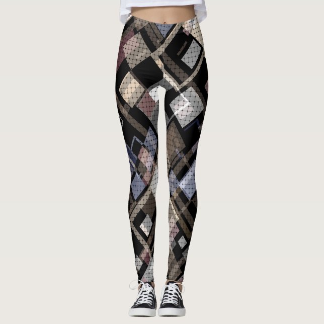 Legging Abstrato, bege, preto, xadrez (Frente)