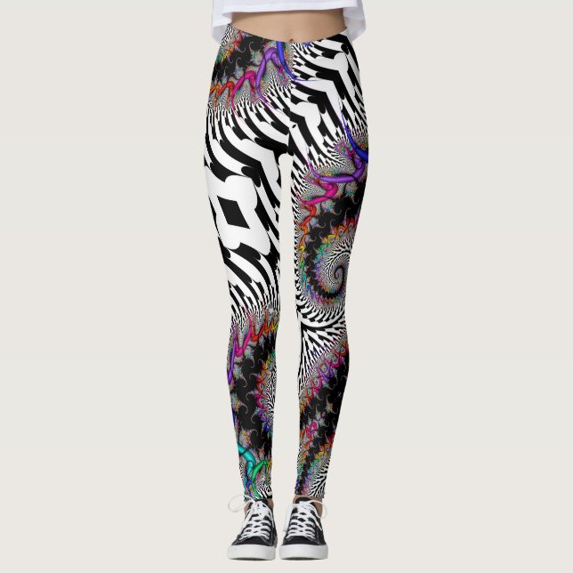 Legging Abstrato Branco Espiral Branco Fractal Arco-Íris (Frente)