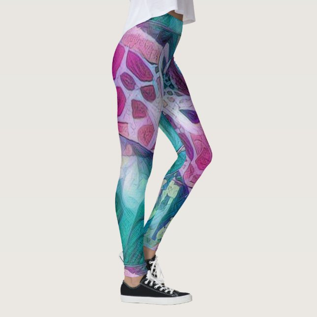 Legging Abstrato da Criativa de Vida Selvagem Rosa e Teal  (Direita)